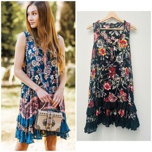 Papillon Floral Ruffled Hem Tiered Shift Dress XS Boho
